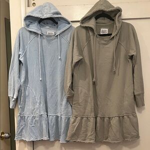 American Eagle Outfitters Hooded Ruffle Hem Mini Dresses in Light Blue and Olive